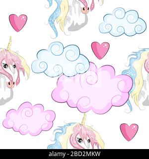 Seamless pattern with trendy cartoon patches. Unicorns, rainbows and hearts. Stock Vector