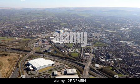 aerial view up the A635 across the M60 motorway towards Ashton under Lyne, Greater Manchester Stock Photo