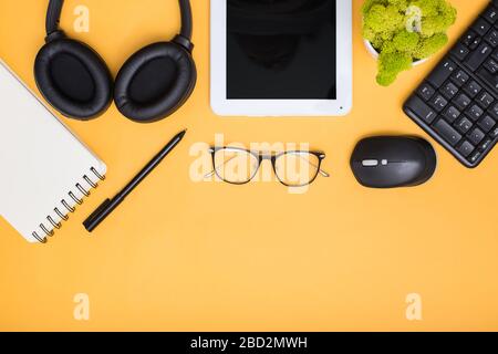 Modern workplace, top view. Flat lay composition Stock Photo