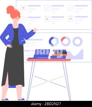 Woman is standing next to the desk.  Stock Vector