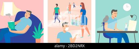 Set of coronavirus related character scenes, face mask, relaxing set of pastel coloured scenes, look after mental health relax, stay at home, keep dis Stock Vector