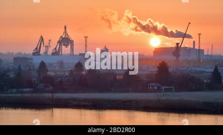 Early morning harbor in Stettin Stock Photo