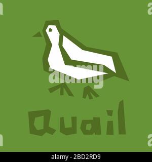 Quail logo design. Vector stylized bird illustration isolated on green background. Cute quail icon. Brutal modern style. White icon, thick outline Stock Vector