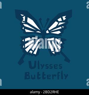 Ulysses butterfly. Papilio Ulysses. Blue Mountain Butterfly or Blue Mountain Swallowtail isolated on dark blue background. Brutal modern style Stock Vector