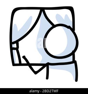 Cute stick figure in quaratine looking out of window lineart icon. Covid 19 stay home. Stick man waiting by window indoors illustration. Thinking Stock Vector
