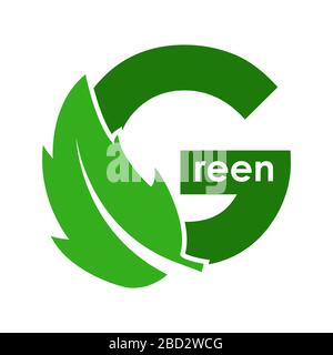 letter G and a green leaf. The stylized green word. Vector stock illustration isolated on a white background. Flat design Stock Vector