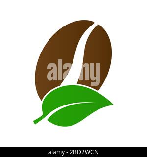 Coffee bean and the leaf of the plant. Stylized vector illustration for logo, emblem, sticker and sticker. Flat design isolated on a white background. Stock Vector