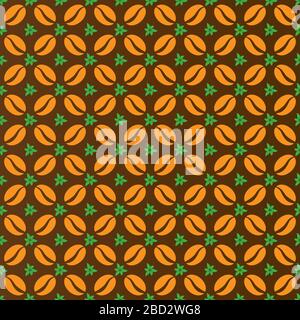 Seamless pattern of coffee beans and leaves. Stock illustration for wrapper, screen saver, background, texture, and embossing. Flat design Stock Vector
