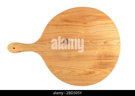 Wooden pizza or bread cutting board at white background, top view. Stock Photo