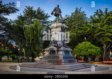 Monument to Ferdinand Magellan, Fernao de Magalhaes, discoverer of the seaway that connects the Pacific and Atlantic, Plaza de Armas, Punta Arenas Stock Photo
