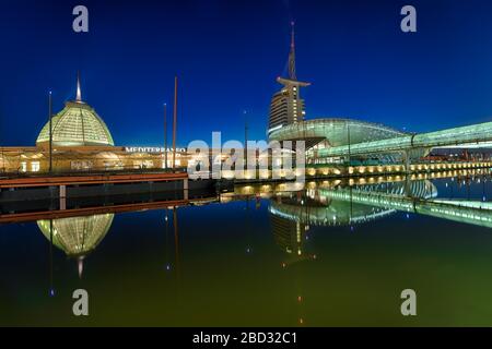 Mediterano and Klimahaus Bremerhaven, illuminated, night shot, Havenwelten, panorama, Bremerhaven, Germany Stock Photo