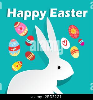 Bright wonderful Easter card with rabbits and eggs on a green background. Example of a greeting card Stock Vector