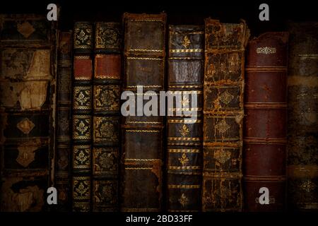Collection of different old books as background. Stock Photo