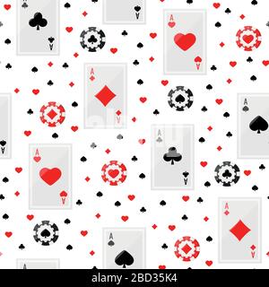 Ace playing cards and poker chips seamless pattern. Stock Vector
