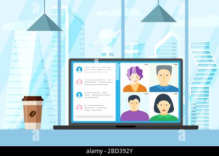 People group on laptop screen taking part in online conference. Virtual work meeting and distance education webinar or videoconferencing. Video conferencing and web communication vector illustration Stock Vector