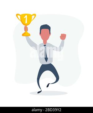 Cartoon male character running to the finish line with a winner's cup. Stock Vector