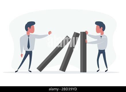 Businessman stopping falling domino - concept. Symbol of crisis, risk, management, leadership and determination. Stock Vector