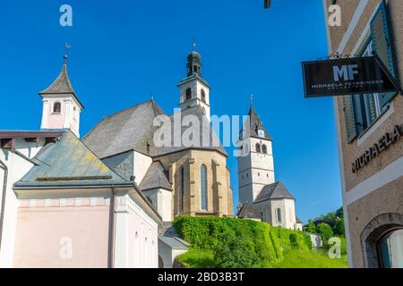 View of Liebfrauenkirche in summer, Kitsbuhel, Austrian Alps, Tyrol, Austria, Europe Stock Photo