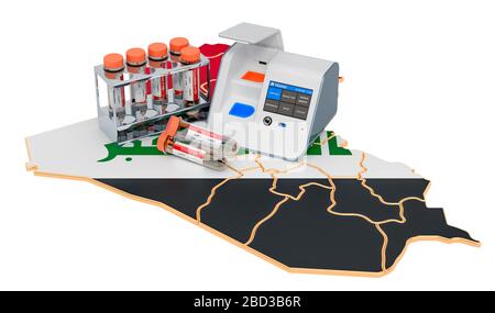 COVID-19 testing in Iraq concept. Lab-in-a-box test with nasal swab test tubes on the Iraqi map. 3D rendering isolated on white background Stock Photo