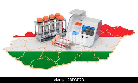 COVID-19 testing in Hungary concept. Lab-in-a-box test with nasal swab test tubes on the Hungarian map. 3D rendering isolated on white background Stock Photo