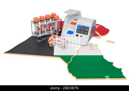 COVID-19 testing in Kuwait concept. Lab-in-a-box test with nasal swab test tubes on the Kuwait map. 3D rendering isolated on white background Stock Photo