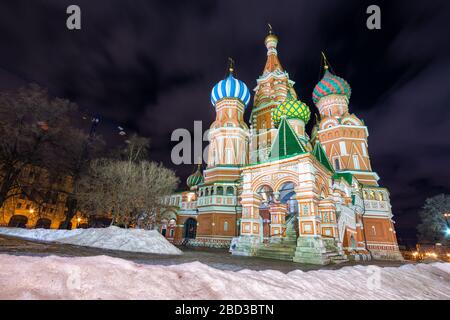 Moscow iconic landmark - Saint Basil cathedral in the Red Square, by night, during winter Stock Photo