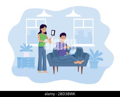 couple in quarentine livingroom scene Stock Vector