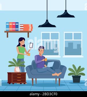 couple in quarentine livingroom scene Stock Vector