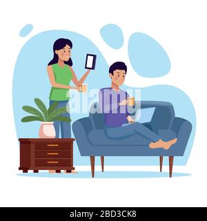 couple in quarentine livingroom scene Stock Vector