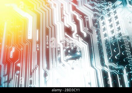 Blue electronic mother board circuit close up macro background. Stock Photo