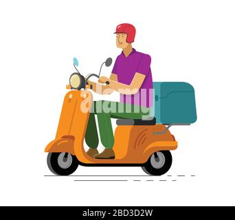 Young man on scooter wearing helmet. Fast delivery service vector illustration Stock Vector