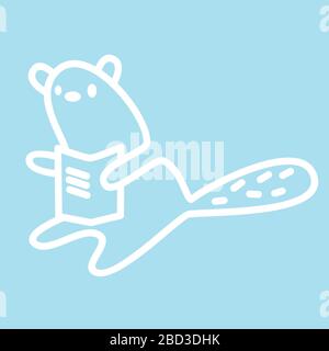 Cute kawaii animal character is reading a book. Funny beaver or cat logo design template. Symbol for web and print. Animal linear illustration in Stock Vector