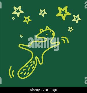 Cute kawaii animal character is flying to the stars. Funny beaver or cat logo design template. Dark green background. Animal linear preschool Stock Vector