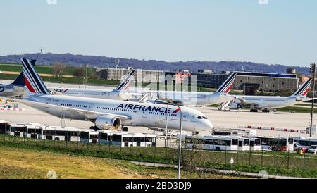 CORONAVIRUS: AIR FRANCE GROUNDED PLANES ROISSY Stock Photo