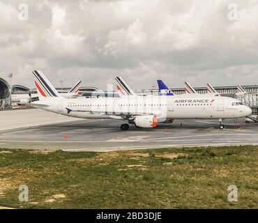 CORONAVIRUS: AIR FRANCE GROUNDED PLANES ROISSY Stock Photo