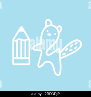 Cute kawaii animal character sign get a pencil. Funny beaver or cat logo design template and symbol for web or print. Animal linear illustration in Stock Vector