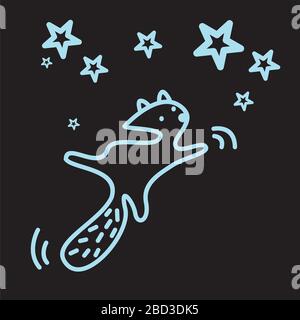 Cute kawaii animal character is flying to the stars in the night. Funny beaver or cat logo design template. Dark background. Linear preschool Stock Vector