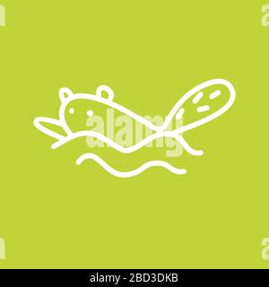 Cute kawaii animal character sign in dinamic motion. Funny beaver or cat do sport. Logo design template on light green background. Linear illustration Stock Vector