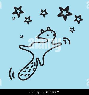 Cute kawaii animal character is flying to the stars. Funny beaver or cat logo design template. Blue background. Animal linear preschool illustration Stock Vector