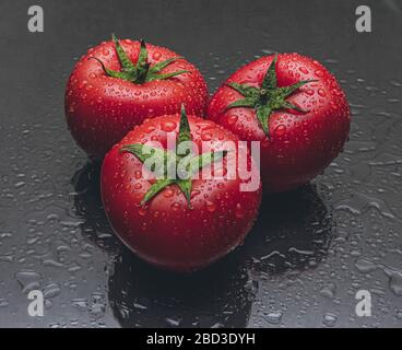 Studio shot of three tomatoes with water drops on black background Stock Photo