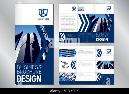 Business trifold brochure template (A4 to DL format) - modern office buildings/ skyscrapers. Stock Vector