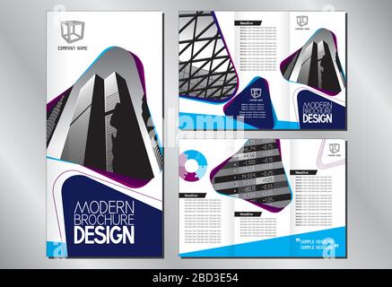 Business trifold brochure/ flyer template (A4 to DL format - 3 x 99x210 mm) - modern office buildings/ skyscrapers/ financial chart - blue, geometrica Stock Vector