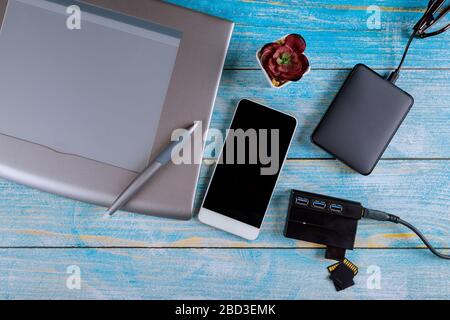 Workspace professional office creative graphic designer desk with external hard disk Stock Photo
