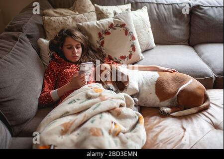 Tween girl looking at her phone while cuddling with hound dog on couch Stock Photo