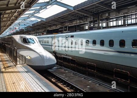 Tokaido Shinkansen high-speed bullet train (N700) at Himeji station. Himeji, Japan, August 2019 Stock Photo