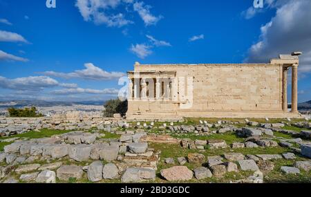 Erecteion. Known temple in honor of Athena and Poseidon, whose portico has 6 caryatids Stock Photo