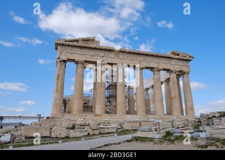 Parthenon. Emblematic temple restored in an archaeological site with Doric columns built in 447 a. C. Stock Photo
