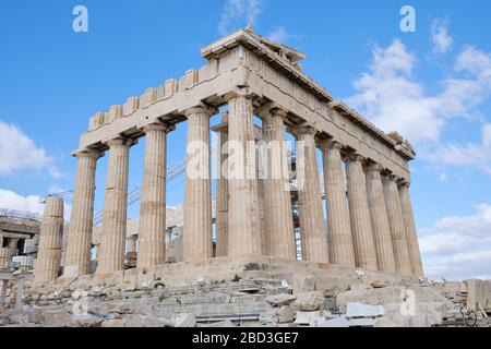 Parthenon. Emblematic temple restored in an archaeological site with Doric columns built in 447 a. C. Stock Photo