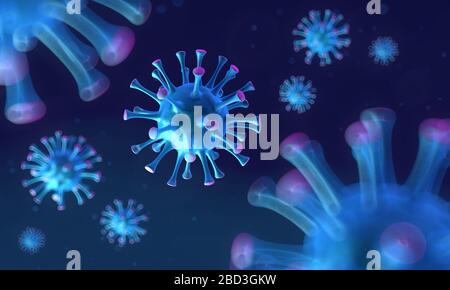 Microscopic view of a infectious virus. Contagion and propagation of a disease. Corona COVID-19. 3D Rendering Stock Photo
