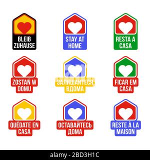 Stay Home Design vector sticker badge in different languages and country flag color. Covid-19 Coronavirus outbreak. Stay at home to Protect others. St Stock Vector